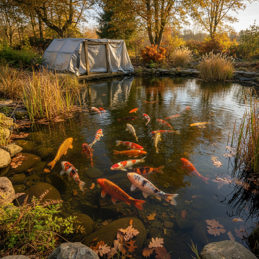 Основні етапи підготовки риб коі до зимування: від осіннього годування до укриття ставка — ілюстрація для статті на koi.te.ua