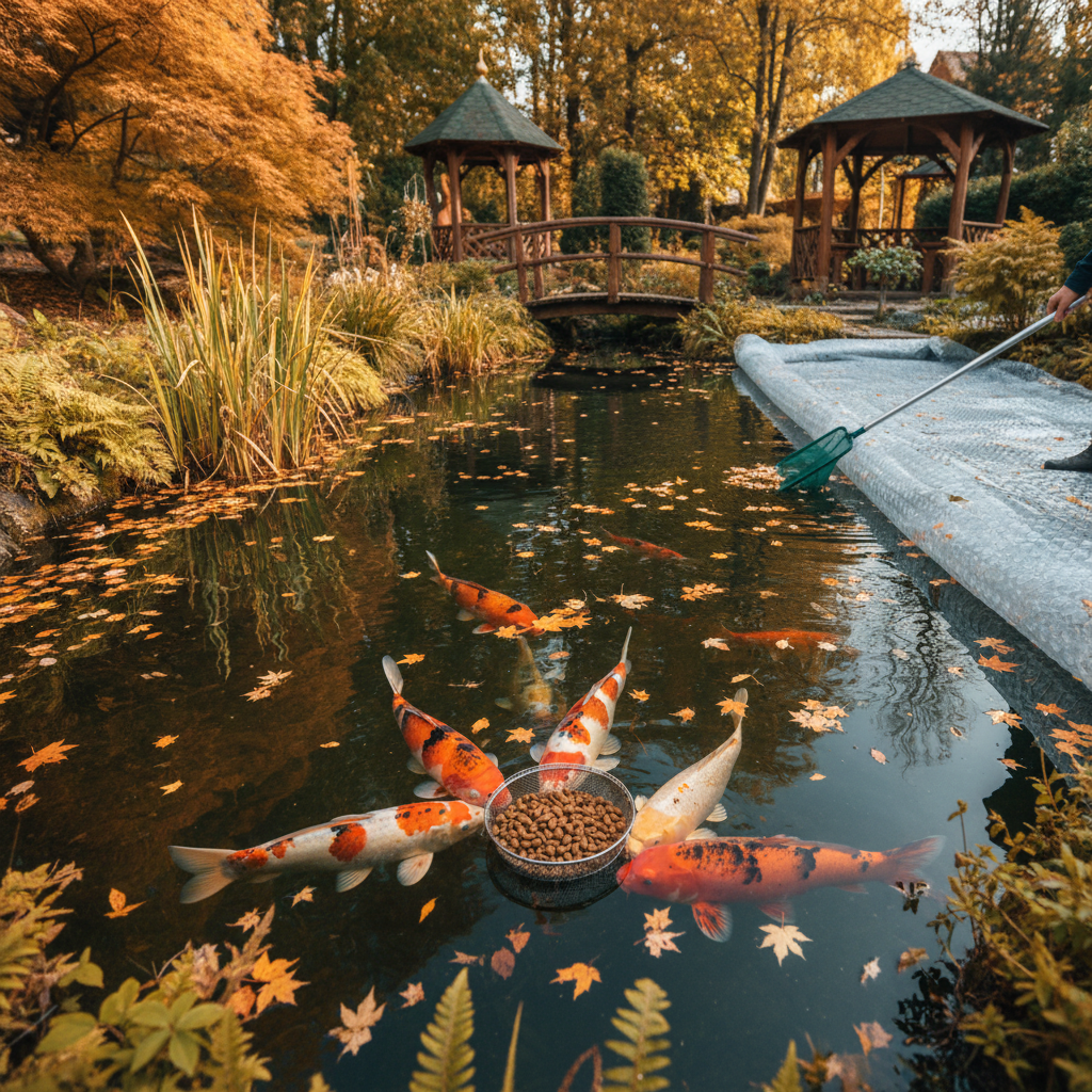 Основні етапи підготовки риб коі до зимування: від осіннього годування до укриття ставка — головне зображення для статті на koi.te.ua