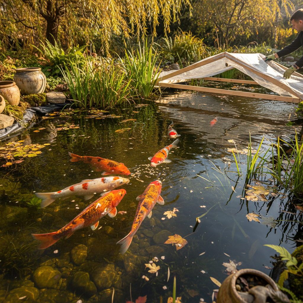 Основні етапи підготовки риб коі до зимування: від осіннього годування до укриття ставка — ілюстрація для статті на koi.te.ua