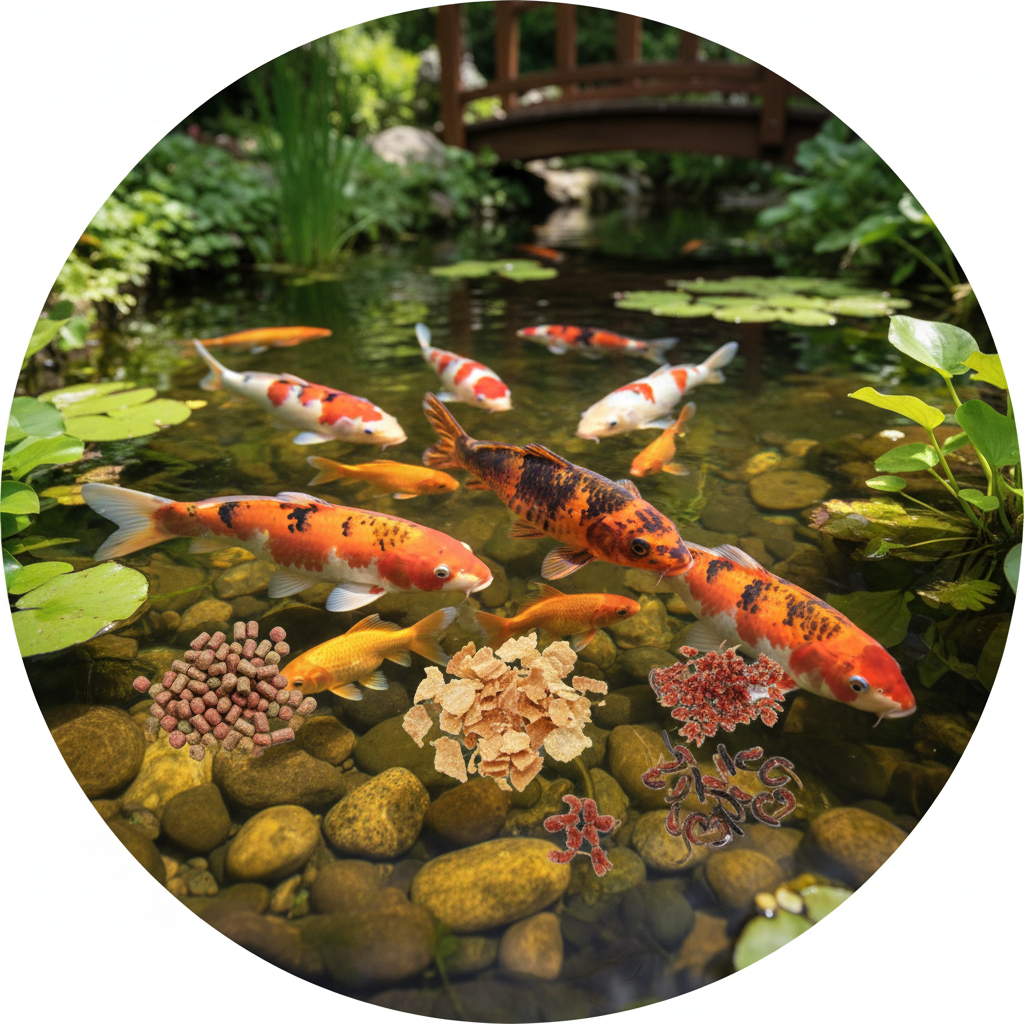 Порівняння різних видів кормів для риб коі: гранули, пластівці, живий корм — головне зображення для статті на koi.te.ua