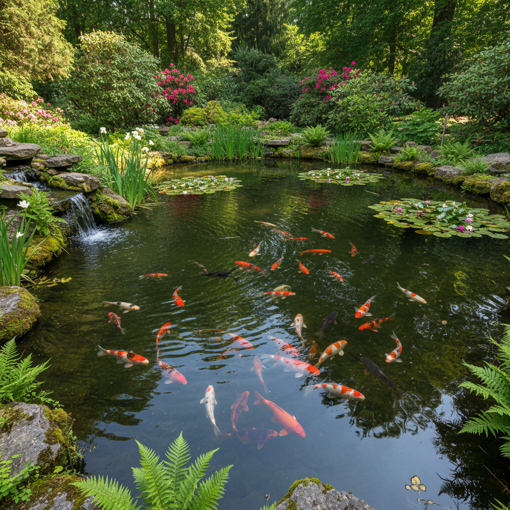Скільки риб коі може жити в ставку: розрахунок оптимальної кількості — ілюстрація для статті на koi.te.ua