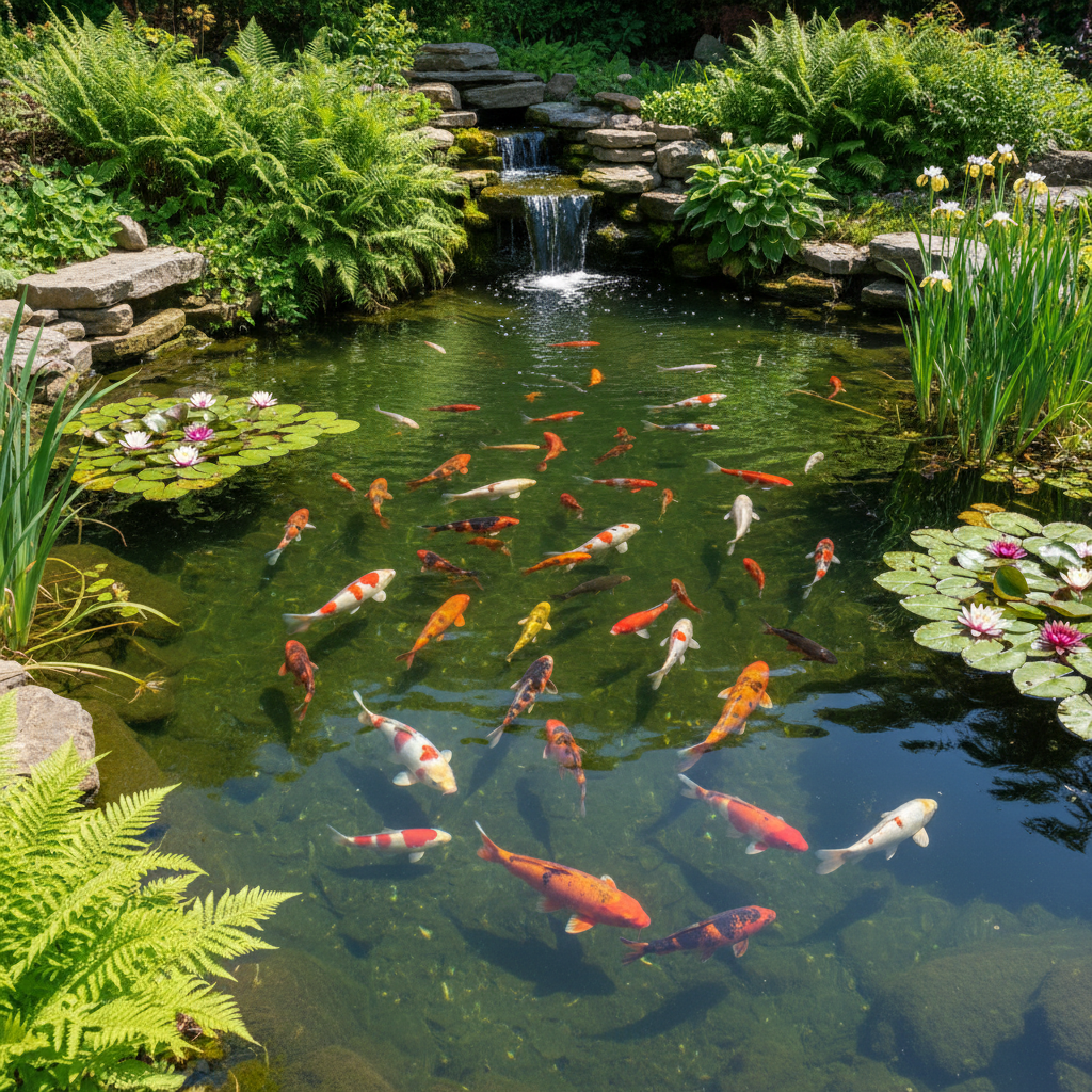 Скільки риб коі може жити в ставку: розрахунок оптимальної кількості — головне зображення для статті на koi.te.ua