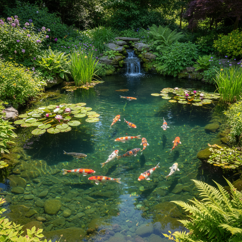 Скільки риб коі може жити в ставку: розрахунок оптимальної кількості — ілюстрація для статті на koi.te.ua