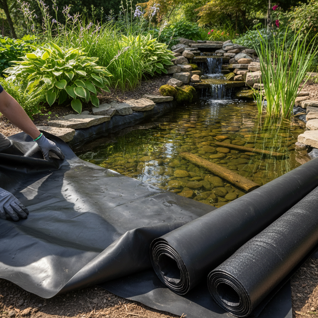 Поради з вибору та укладання гідроізоляційної плівки для ставка: ПВХ, бутилкаучук, EPDM — ілюстрація для статті на koi.te.ua