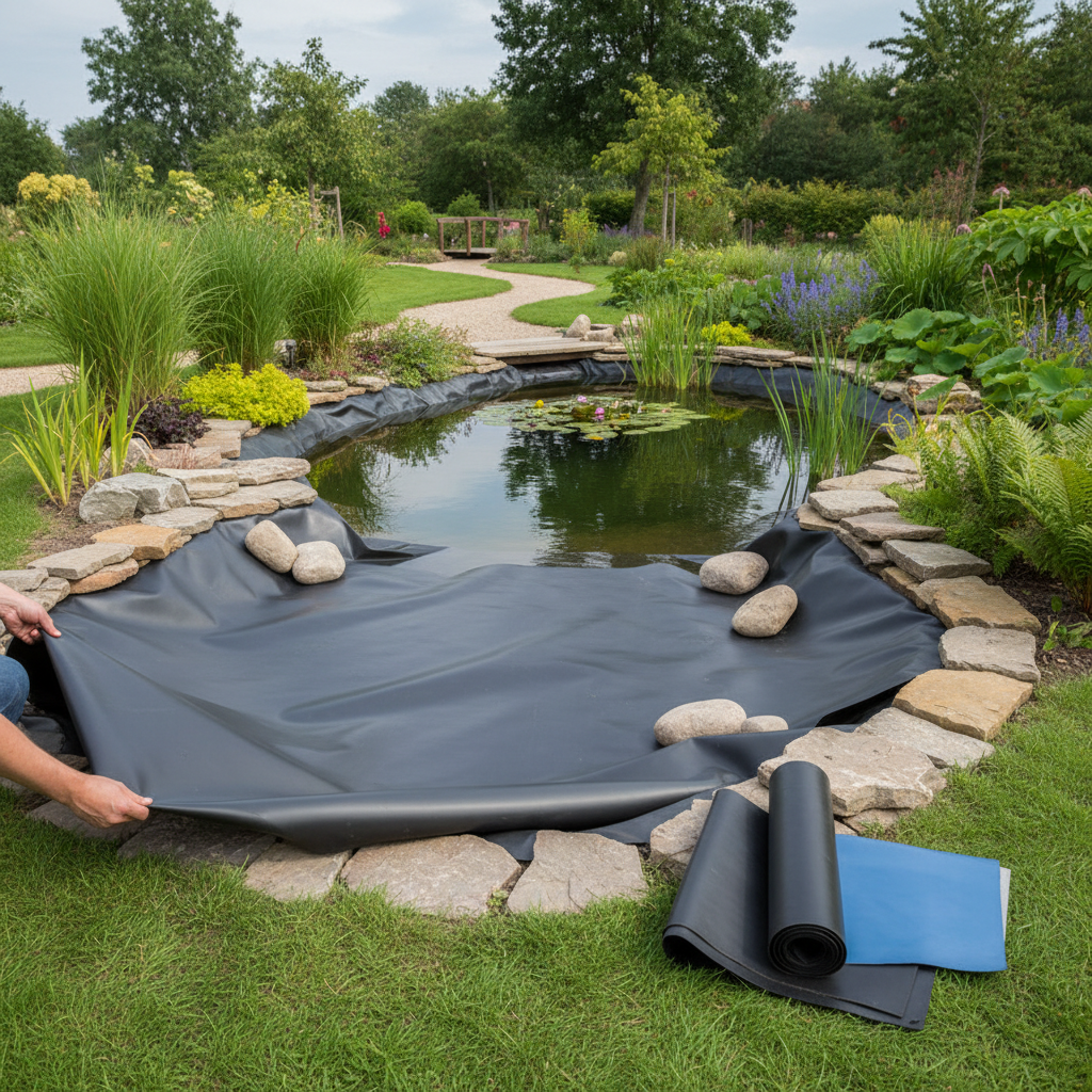 Поради з вибору та укладання гідроізоляційної плівки для ставка: ПВХ, бутилкаучук, EPDM — головне зображення для статті на koi.te.ua