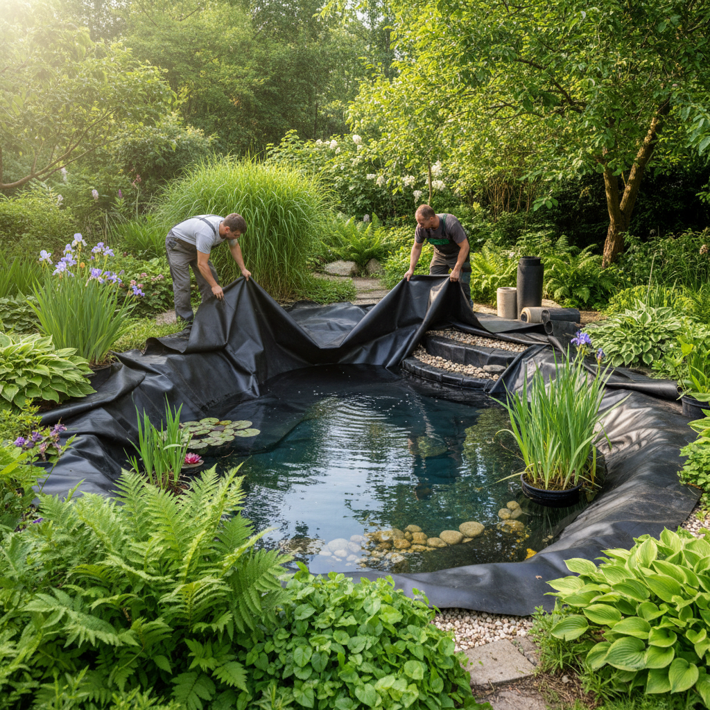 Поради з вибору та укладання гідроізоляційної плівки для ставка: ПВХ, бутилкаучук, EPDM — ілюстрація для статті на koi.te.ua