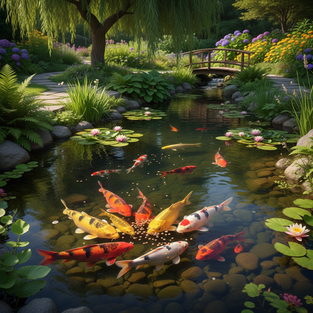 Дієта для риб коі: вплив харчування на колір та імунітет — ілюстрація для статті на koi.te.ua