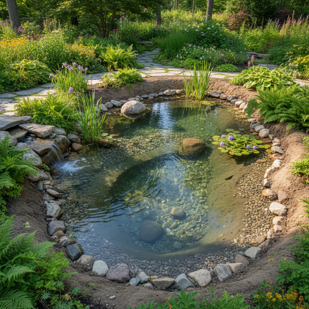 Створення природного ставка без плівки: покроковий посібник з екологічного будівництва — ілюстрація для статті на koi.te.ua