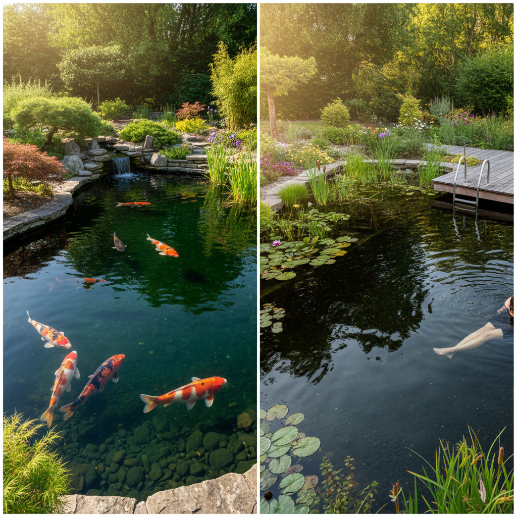 Різниця між ставком для коі та плавальним ставком: детальний розбір — ілюстрація для статті на koi.te.ua