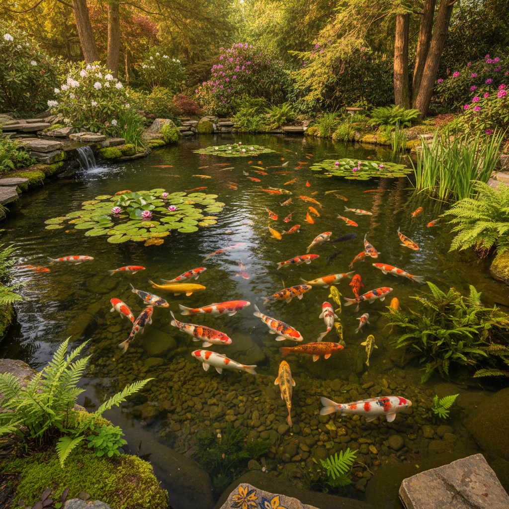 Скільки риб коі може жити в ставку: розрахунок оптимальної щільності зариблення — ілюстрація для статті на koi.te.ua