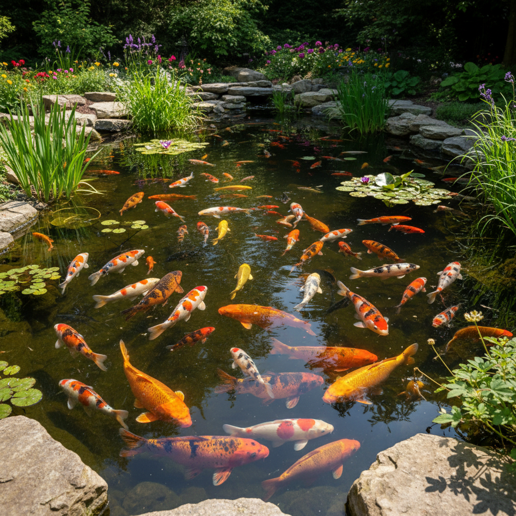 Скільки риб коі може жити в ставку: розрахунок оптимальної щільності зариблення — головне зображення для статті на koi.te.ua