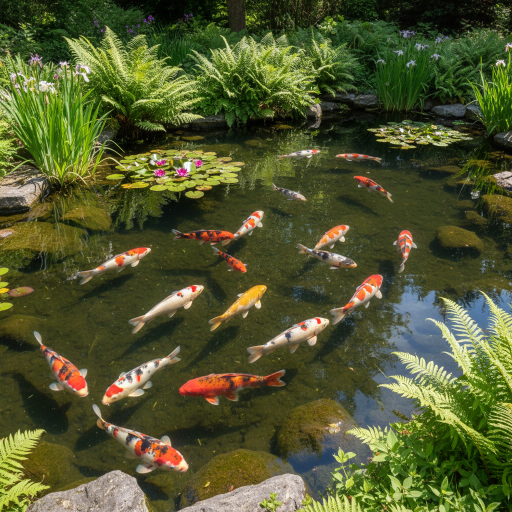Скільки риб коі може жити в ставку: розрахунок оптимальної щільності зариблення — ілюстрація для статті на koi.te.ua